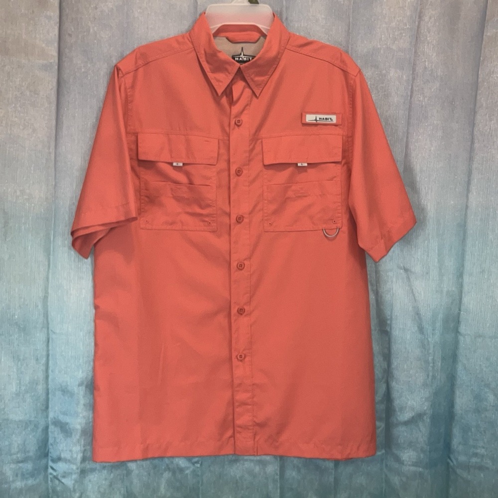 Habit Fishing Orange Coral Vented Outdoor Shirt Men M Short Sleeve 40 UPF Button